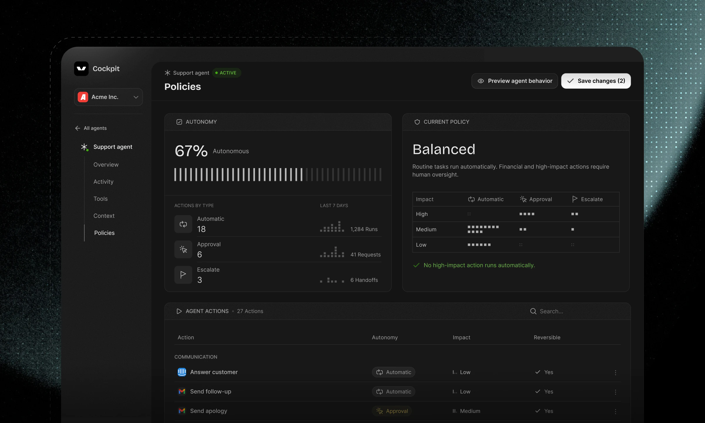 Cockpit AI agent policies dashboard design by Mohammad Adineh